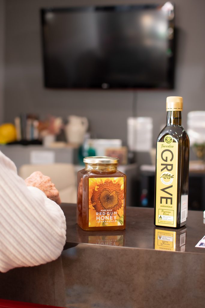 Shop counter with honey and olive oil